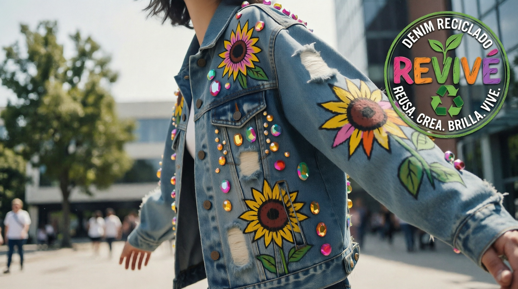 Detalle de chaqueta de denim intervenida con girasoles pintados a mano y pedrería