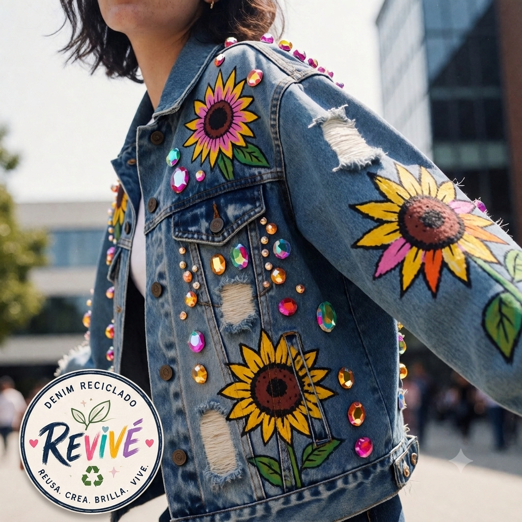 Chaqueta de denim reciclado con girasoles pintados a mano