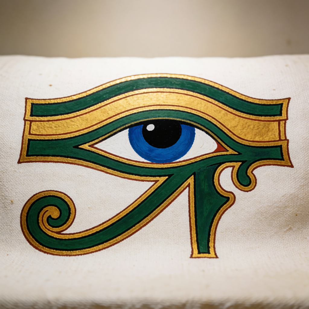 Bordado a mano de un ojo de Horus sobre tela